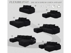 Sofá 4 lugares canto modular veludo canelado, 2 pufes e 4 almofadas, 333x174x80cm, Preto