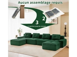 Sofá 4 lugares Canto Modular em Veludo cotelê, com 2 puffs e 4 almofadas, 382x177x69cm, Verde