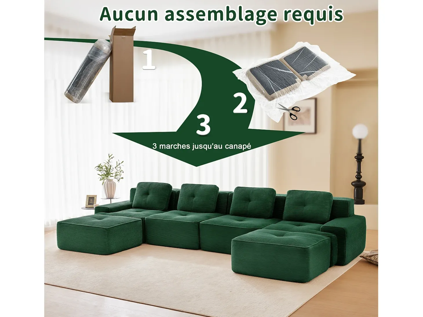 Sofá 4 lugares Canto Modular em Veludo cotelê, com 2 puffs e 4 almofadas, 382x177x69cm, Verde