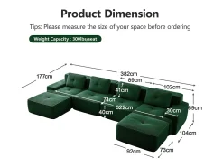 Sofá 4 lugares Canto Modular em Veludo cotelê, com 2 puffs e 4 almofadas, 382x177x69cm, Verde