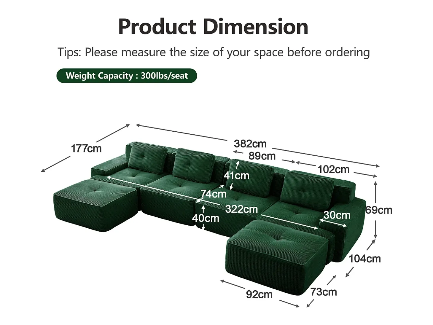 Sofá 4 lugares Canto Modular em Veludo cotelê, com 2 puffs e 4 almofadas, 382x177x69cm, Verde