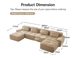 Sofá 4 lugares Canto Modular em Veludo cotelê, com 2 puffs e 4 almofadas, 382x177x69cm, Bege