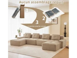 Sofá 4 lugares Canto Modular em Veludo cotelê, com 2 puffs e 4 almofadas, 382x177x69cm, Bege