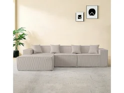 Sofá 3 lugares canto modular - Veludo canelado bege - pufe e 4 travesseiros - 277x165.5x65.5cm