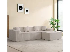 Sofá 3 lugares canto modular - Veludo canelado bege - pufe e 4 travesseiros - 277x165.5x65.5cm