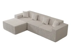 Sofá 3 lugares canto modular - Veludo canelado bege - pufe e 4 travesseiros - 277x165.5x65.5cm