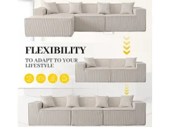 Sofá 3 lugares canto modular - Veludo canelado bege - pufe e 4 travesseiros - 277x165.5x65.5cm