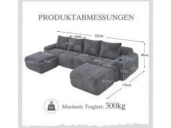 Sofá 4 lugares canto modular veludo canelado, 2 pufes e 4 almofadas, 333x174x80cm, Cinzento antracite