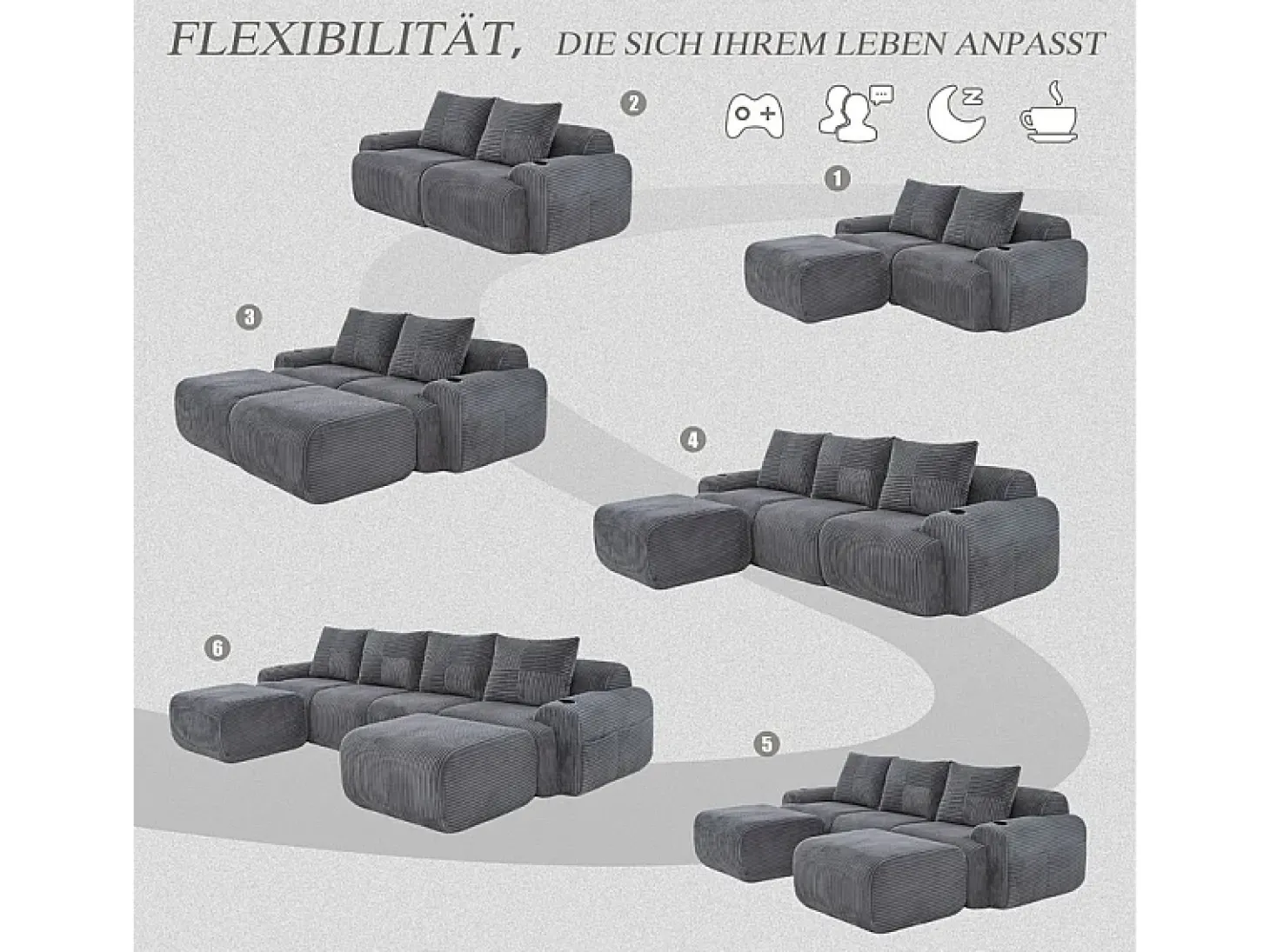 Sofá 4 lugares canto modular veludo canelado, 2 pufes e 4 almofadas, 333x174x80cm, Cinzento antracite