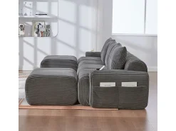 Sofá 4 lugares canto modular veludo canelado, 2 pufes e 4 almofadas, 333x174x80cm, Cinzento antracite