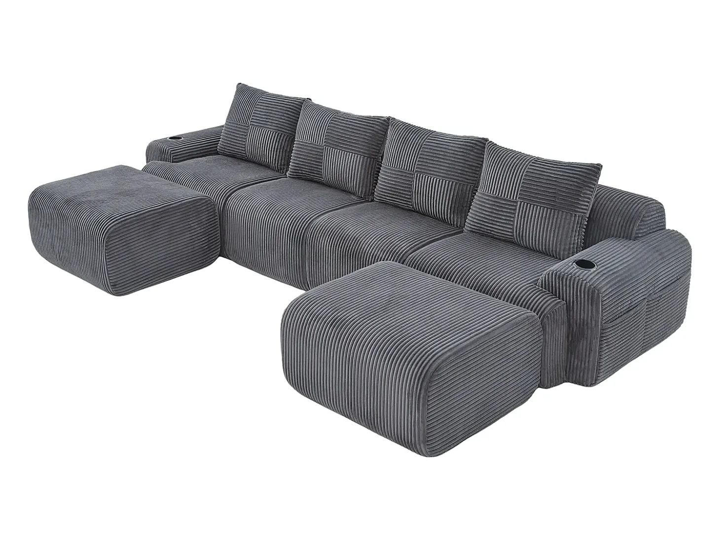 Sofá 4 lugares canto modular veludo canelado, 2 pufes e 4 almofadas, 333x174x80cm, Cinzento antracite