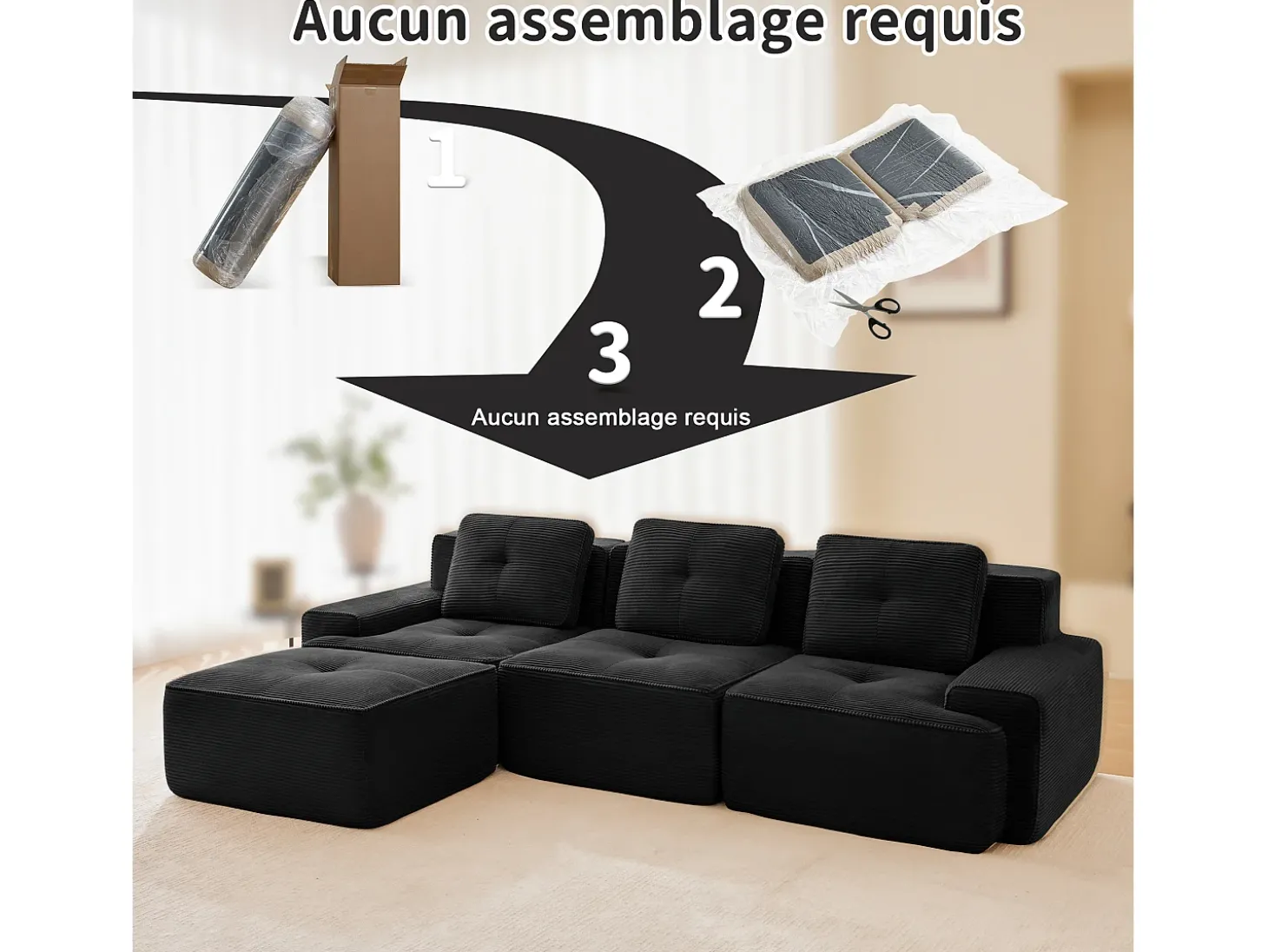 Sofá 3 lugares Canto Modular em Veludo cotelê, com puff e 3 almofadas, 293x177x69cm, Preto