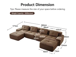 Sofá 4 lugares Canto Modular em Veludo cotelê, com 2 puffs e 4 almofadas, 382x177x69cm, Marrom