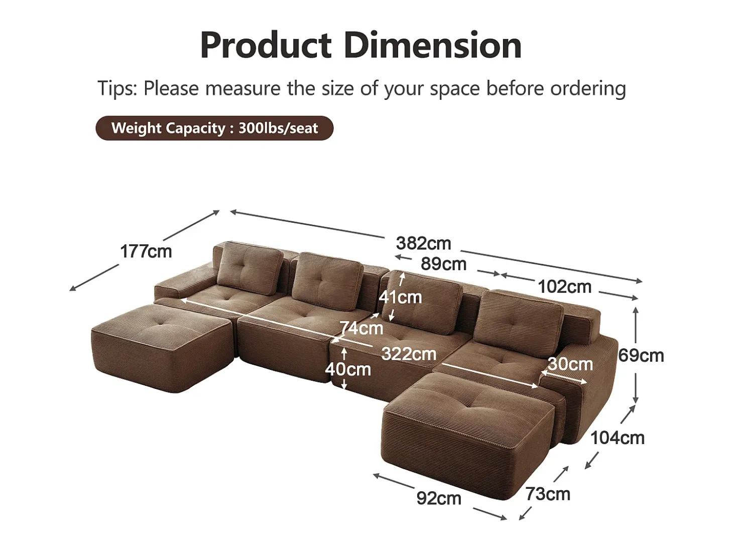 Sofá 4 lugares Canto Modular em Veludo cotelê, com 2 puffs e 4 almofadas, 382x177x69cm, Marrom
