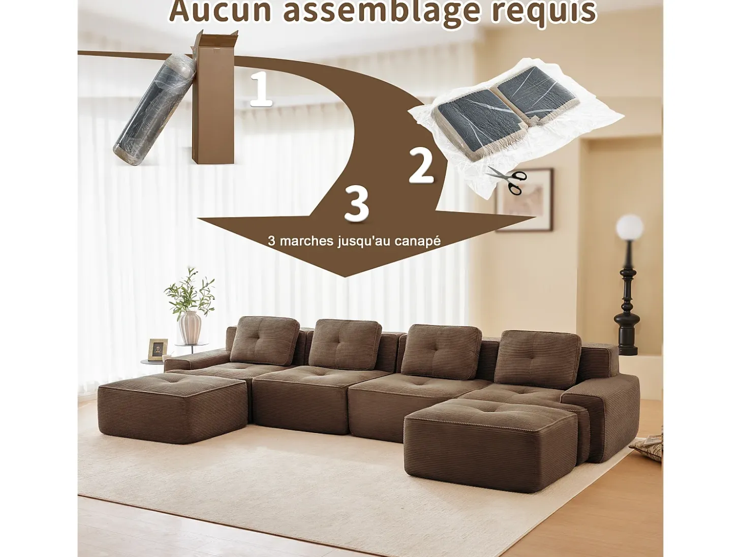 Sofá 4 lugares Canto Modular em Veludo cotelê, com 2 puffs e 4 almofadas, 382x177x69cm, Marrom