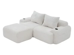 Sofá 2 lugares canto modular veludo canelado, pufe, porta-copos e bolso, 200x174x80cm, Bege