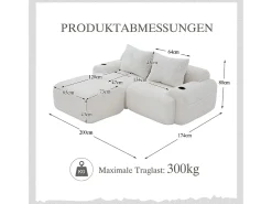 Sofá 2 lugares canto modular veludo canelado, pufe, porta-copos e bolso, 200x174x80cm, Bege
