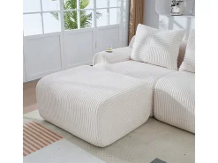 Sofá 2 lugares canto modular veludo canelado, pufe, porta-copos e bolso, 200x174x80cm, Bege