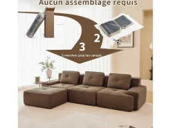 Sofá 3 lugares Canto Modular em Veludo cotelê, com puff e 3 almofadas, 293x177x69cm, Marrom
