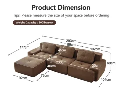 Sofá 3 lugares Canto Modular em Veludo cotelê, com puff e 3 almofadas, 293x177x69cm, Marrom