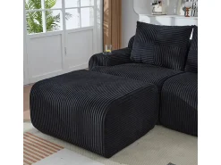 Sofá 2 lugares canto modular veludo canelado, pufe, porta-copos e bolso, 200x174x80cm, Preto