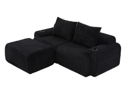 Sofá 2 lugares canto modular veludo canelado, pufe, porta-copos e bolso, 200x174x80cm, Preto