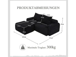 Sofá 2 lugares canto modular veludo canelado, pufe, porta-copos e bolso, 200x174x80cm, Preto