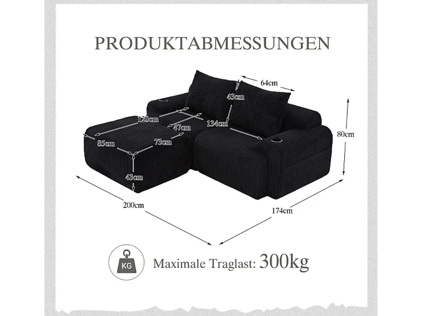 Sofá 2 lugares canto modular veludo canelado, pufe, porta-copos e bolso, 200x174x80cm, Preto