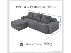 Sofá 3 lugares canto modular veludo canelado, pufe, porta-copos e bolso, 268x174x80cm, Cinzento antracite