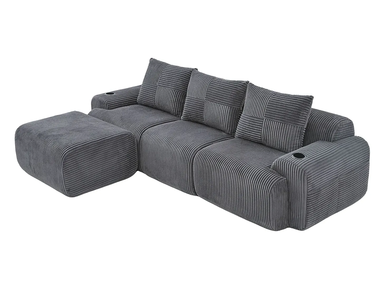 Sofá 3 lugares canto modular veludo canelado, pufe, porta-copos e bolso, 268x174x80cm, Cinzento antracite