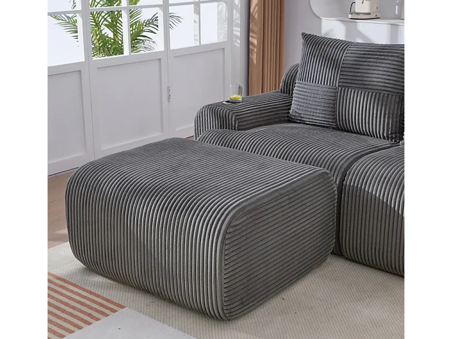 Sofá 2 lugares canto modular veludo canelado, pufe, porta-copos e bolso, 200x174x80cm, Cinzento antracite