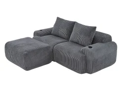 Sofá 2 lugares canto modular veludo canelado, pufe, porta-copos e bolso, 200x174x80cm, Cinzento antracite