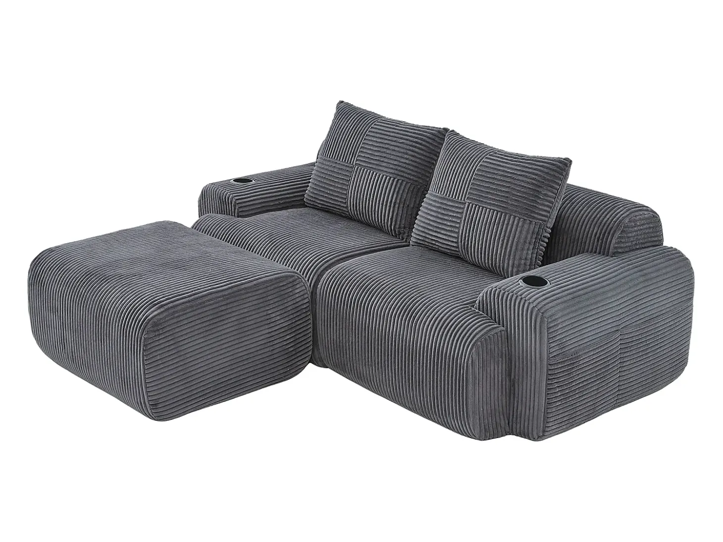 Sofá 2 lugares canto modular veludo canelado, pufe, porta-copos e bolso, 200x174x80cm, Cinzento antracite
