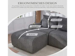 Sofá 2 lugares canto modular veludo canelado, pufe, porta-copos e bolso, 200x174x80cm, Cinzento antracite