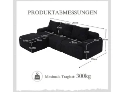 Sofá 3 lugares canto modular veludo canelado, pufe, porta-copos e bolso, 268x174x80cm, Preto