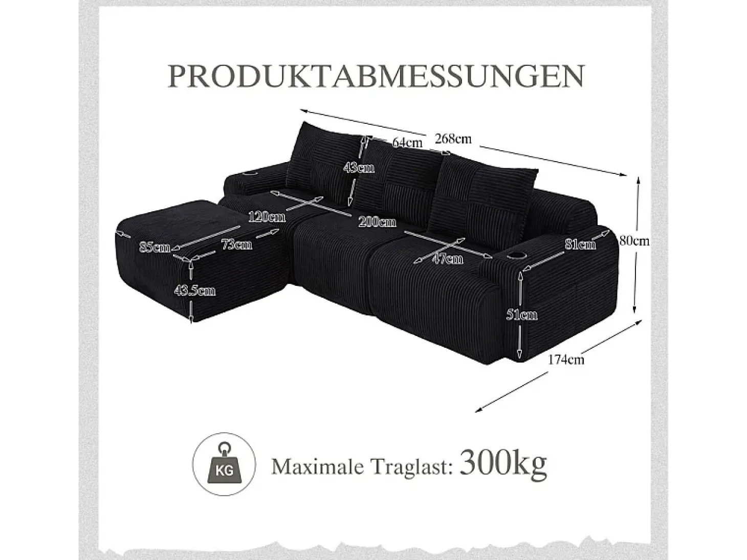 Sofá 3 lugares canto modular veludo canelado, pufe, porta-copos e bolso, 268x174x80cm, Preto