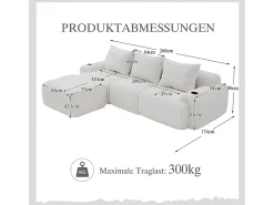 Sofá 3 lugares canto modular veludo canelado, pufe, porta-copos e bolso, 268x174x80cm, Bege