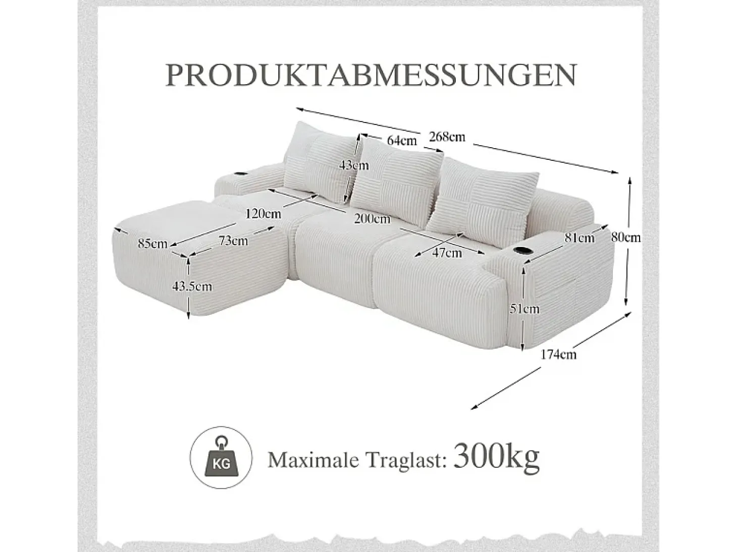 Sofá 3 lugares canto modular veludo canelado, pufe, porta-copos e bolso, 268x174x80cm, Bege
