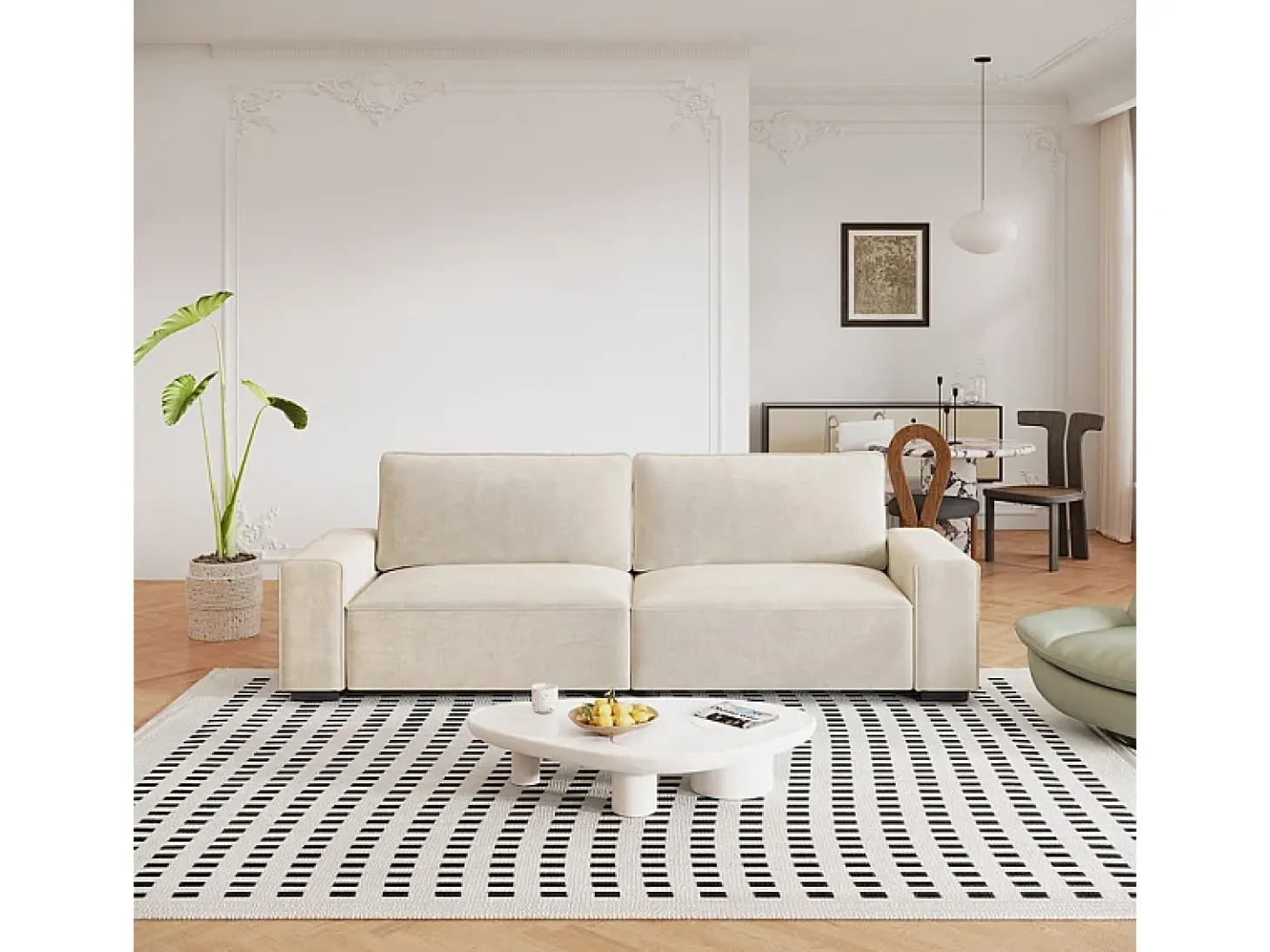 Sofá 3 lugares chenille bege - com braços largos - 220 x 83 x 88 cm