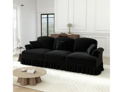 Sofá 3 Lugares Chenille Meados do Século, Capa Removível e 3 Almofadas, 272x83.5x93cm, Preto