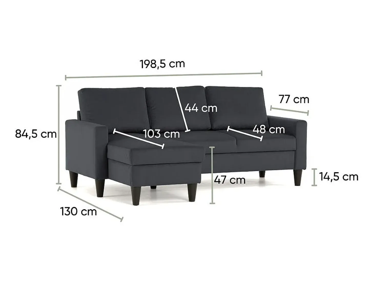 Sofá 3 lugares Cinzento Escuro avec chaise longue reversível lado direito/esquerdoche (226 x 140 x 85 cm) - FOX