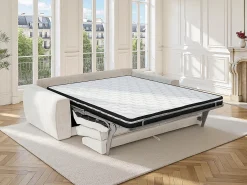 Sofá 4 lugares conversível expresso em tecido chenille bege 160 cm colchão 13 cm VOMERA