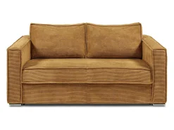 Sofá 3 lugares convertível abert. Ráp. veludo canelado amarelo mostarda ripas largas 18 cm