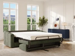Sofá 3 lugares convertível abertura rápida tecido verde caqui ripas largas 140 cm 14 cm DARIELO