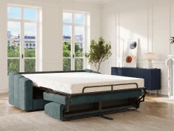 Sofá 4 lugares convertível abertura rápida tecido azul ripas largas 160 cm Colchão 22 cm DARIELO