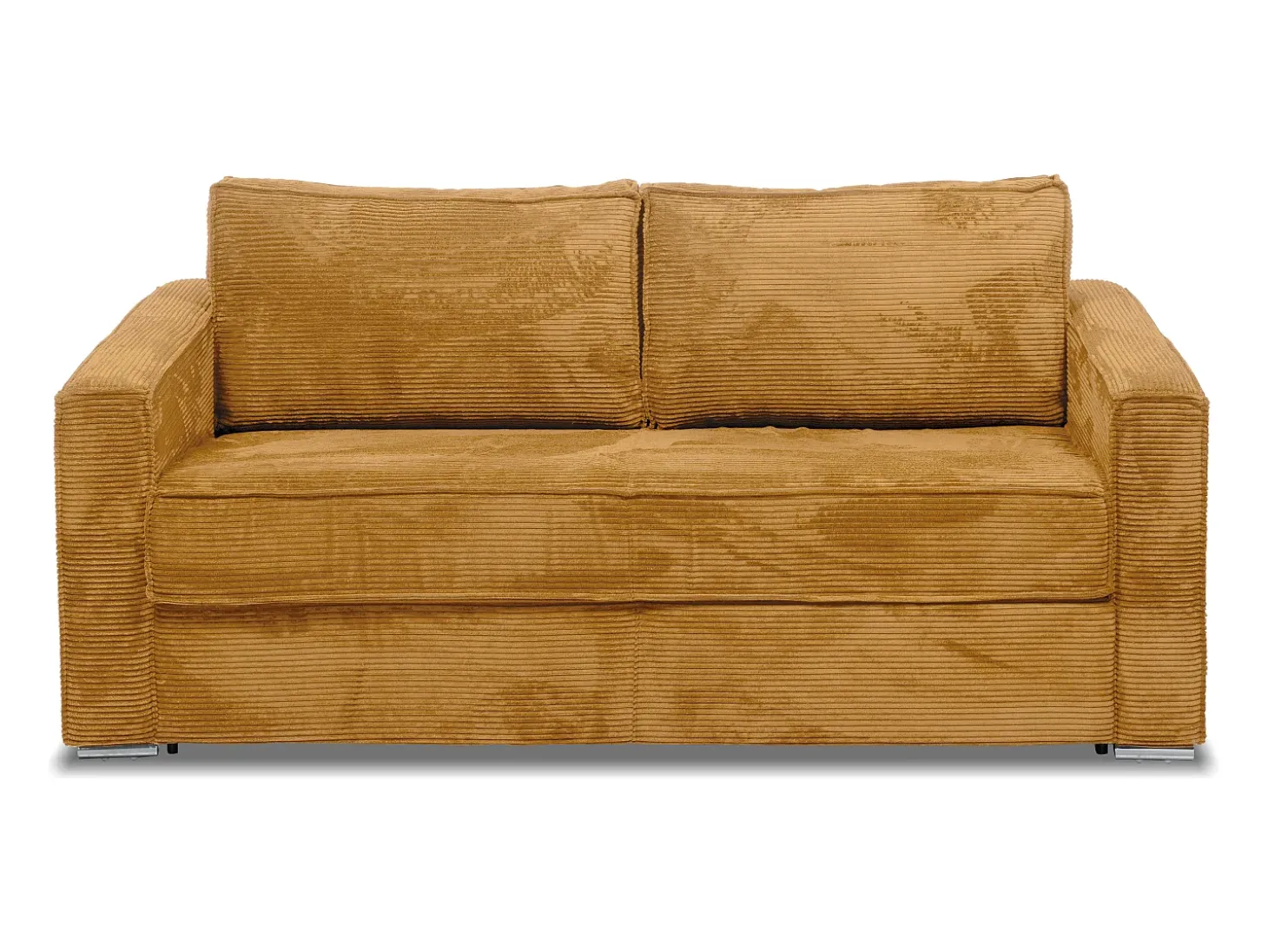 Sofá 4 lugares convertível abert. Ráp. veludo canelado amarelo mostarda ripas largas 22 cm