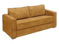 Sofá 4 lugares convertível abert. Ráp. veludo canelado amarelo mostarda ripas largas 22 cm