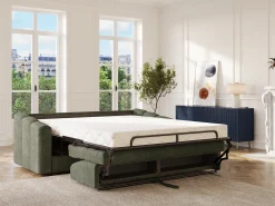 Sofá 4 lugares convertível abertura rápida tecido verde caqui ripas largas 160 cm - 18 cm DARIELO