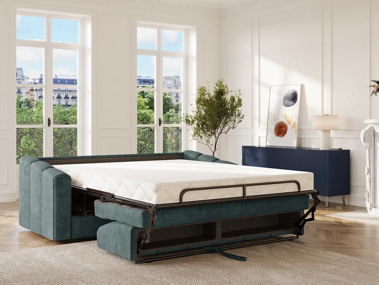 Sofá 4 lugares convertível abertura rápida tecido texturizado azul pato 160 cm Colchão 18 cm DARIELO