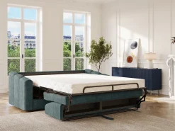 Sofá 3 lugares convertível abertura rápida tecido azul ripas largas 140 cm Colchão 18 cm DARIELO
